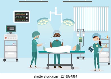 African american Male Surgeon and female nurses in the operating room,surgery,caucasian woman lying on the operating table,furniture and medical equipment,flat vector illustration