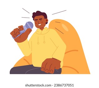 African american male talk show host 2D cartoon character. Young black man laughing in microphone isolated vector person white background. Joking fun entertainer color flat spot illustration