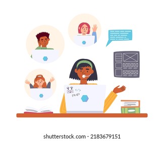 African american male teenager explaining coding homework to his classmates. Children studying web development. Programming and UI design classes, informatics lessons. Kids coding vector illustration