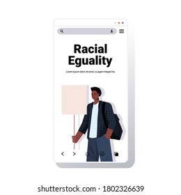 african american man activist holding blank placard racial equality social justice stop discrimination concept smartphone screen copy space portrait vector illustration