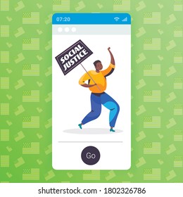 african american man activist holding stop racism poster racial equality social justice stop discrimination concept smartphone screen full length vector illustration