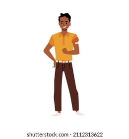 African American man after antiviral or flu vaccination, flat vector illustration isolated on background. Man cartoon character showing vaccinated arm.