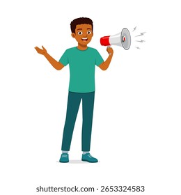 African American Man Announcing with Megaphone, Standing and Smiling in Casual Clothes, Isolated