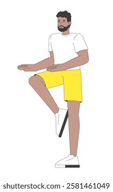 African american man balancing on one leg 2D cartoon character. Stability training. Black guy wearing t-shirt and shorts isolated person flat vector on white background. Spot illustration colorful