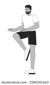 African american man balancing on one leg black and white 2D line character. Stability training. Black guy wearing t-shirt and shorts isolated vector outline person. Monochromatic spot illustration