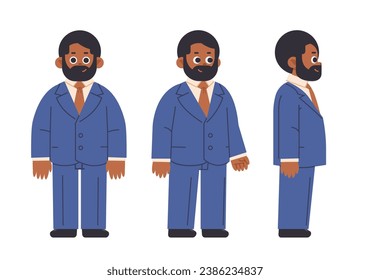 African American man with a beard in a blue business suit, front and side views. Cartoon simple vector character