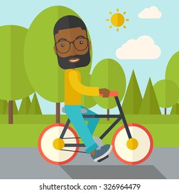 An African American man with beard riding a bicycle in park vector flat design illustration. Sport concept. Square layout.