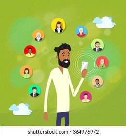 African American Man With Beard Using Smart Cell Phone Internet Chatting Social Network Communication Friends Group People Concept Vector Illustration