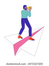 Hombre afroamericano con prismáticos en el plano de papel 2D personaje de dibujos animados lineal. Hombre negro buscando oportunidades línea aislada persona de Vector fondo blanco. Ilustración de mancha plana de color de relleno