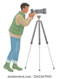 African American man birdwatching with telephoto camera on tall tripod in outdoor clothes