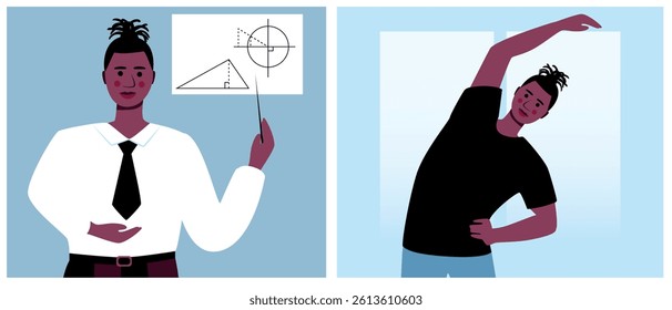 African american man with black skin and Work Life Balance, wellness in the workplace, flat vector stock illustration for sstkWellness