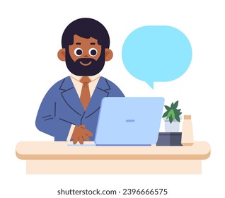 African American man in blue business suit works at laptop on isolated background. Cartoon vector illustration