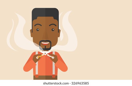 An African American man breaking the cigarette vector flat design illustration. Horizontal layout with a text space.