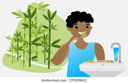 African American man brushing teeth with natural toothpaste and bamboo toothbrush. Bamboo plant in the background. Dental health concept illustration. Flat vector.