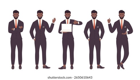 African American man businessman in suit showing different gestures on isolated white background vector illustration
