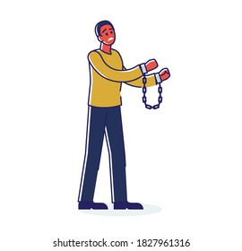 African american man chained in handcuffs. Prisoner diverse male cartoon character on white background. Freedom, slavery and diversity concept. Linear vector illustration