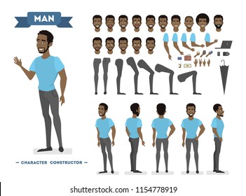 African american man character set for animation with various views, hairstyles, emotions, poses and gestures. School equipment set. Isolated vector illustration