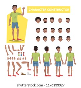African american man character set for animation with various views, hairstyles, emotions, poses and gestures. Isolated vector illustration