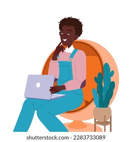 African American Man Character Sitting on Chair with Laptop Working in Coworking Space Vector Illustration