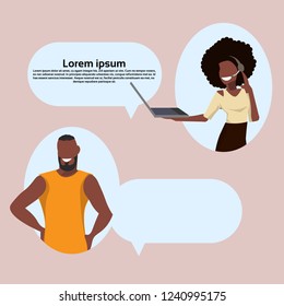 african american man chat bubble communication call center woman operator concept speech dialog support service cartoon character portrait copy space flat