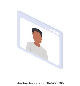 African American man in a chat window. The boy is conducting an online conference. Isometric. Vector.