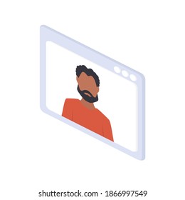 Hombre afroamericano en una ventana de chat. El chico está llevando a cabo una conferencia en línea. Isometric. Vector.