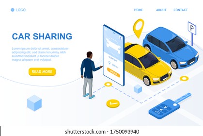 African American man chooses a car using a mobile application on a smartphone. Car Sharing Service. City Transportation. Car Rental Service. Modern vehicle technology. 3d Isometric Vector Illustration
