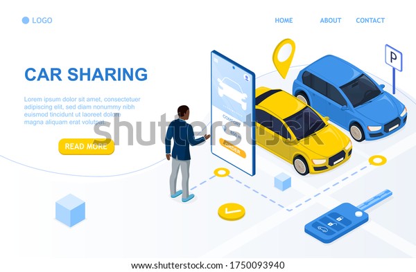 African American man chooses a car using a\
mobile application on a smartphone. Car Sharing Service. City\
Transportation. Car Rental Service. Modern vehicle technology. 3d\
Isometric Vector\
Illustration