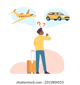 African American man chooses way transportation for traveling. Dilemma between plane or car. Thoughtful person making decision. Aircraft or automobile. Solve question
