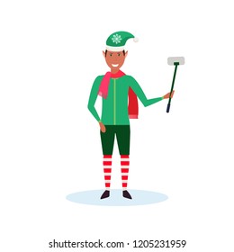 african american man christmas elf santa helper concept holding selfie stick flat full length male cartoon character isolated vector illustration