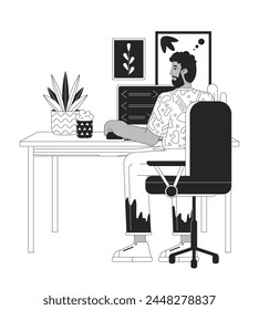 Hombre afroamericano en la línea 2D blanco y negro de la computadora personaje de dibujos animados. Desarrollador web que trabaja en la oficina en casa persona aislada del esquema del Vector. Ilustración de punto plano monocromático de trabajo independiente