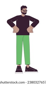 African american man confident hands on hips 2D linear cartoon character. Black guy bearded sunglasses isolated line vector person white background. Standing in power pose color flat spot illustration