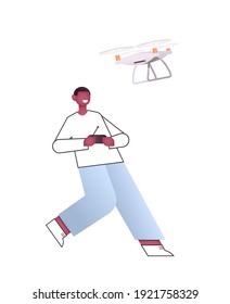 african american man controlling air drone with wireless remote controller full length isolated vertical vector illustration