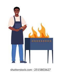 Homem afro-americano cozinhando churrasqueira. Cena de churrasco. Um homem sorridente segura kebabs. Frite carne em chamas. Ilustração vetorial