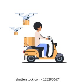 african american man courier riding scooter with parcel box drone delivery service concept isolated flat vector illustration