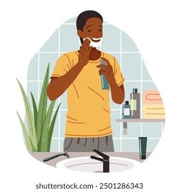 African American man covering face with shaving foam in bathroom flat color vector illustration. Black guy everyday beauty routine concept icon on white