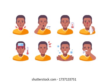 African American man with different flu symptoms. Medical character collection. Coronavirus symptoms icon set.