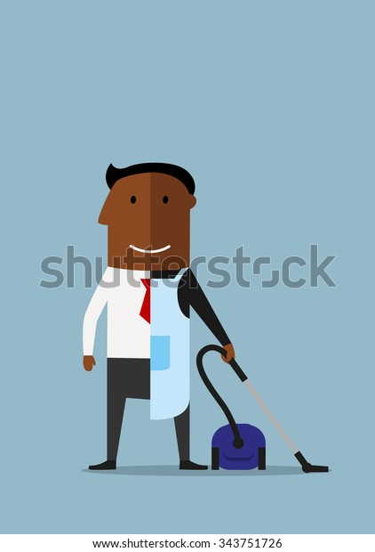 African\
american man divided into two parts, one half of businessman in\
suit and another half as ordinary man in apron with vacuum cleaner,\
for balance concept design. Cartoon\
style