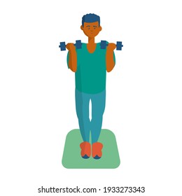 African american man doing exercises with dumbbells Cartoon illustration