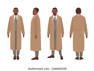 African American man dressed in elegant suit and trench coat. Male cartoon character in stylish outerwear isolated on white background. Front, side and back views. Flat cartoon vector illustration.