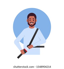 African American Man Driver Or Passenger Fastening Seat Belt Before Driving Lifesaver Safe Trip Safety First Concept Flat Portrait Vector Illustration