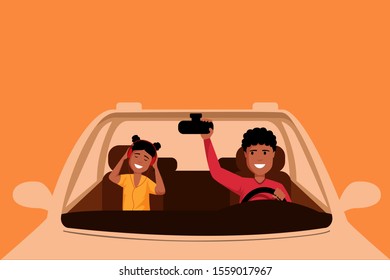 African american man driving auto illustration. Father and daughter sitting at front seats of automobile, family road trip. Young girl listening to music with headphones in vehicle