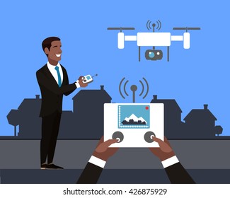 African American man with drone. Remote aerial drone with a camera taking photography or video recording. Drone and hands with remote control in flat design. Line cityscape in the background. Vector.