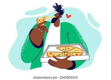 African American man eats pizza and holds box from italian pizzeria with delivery services. Guy with appetite eating mozzarella pizza, enjoying tasty dough with tomato and melted cheese