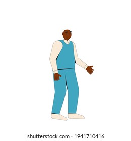 African american man. Elderly male character wearing in casual clothes standing isolated on a white background. Vector color line illustration. 