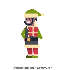 african american man elf santa claus helper hold gift box present merry christmas holiday happy new year concept male cartoon character full length flat