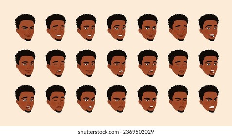 Hombre afroamericano emote set, jóven retrato de pelo negro. La piel oscura y las bellas expresiones faciales emocionales de la cabeza masculina. Diferentes adorables íconos de la cara, imagen positiva, de emoción negativa. Caricatura vectorial