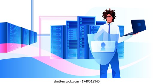 african american man engineer using laptop database server protection big data privacy security concept