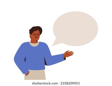 African American man explains something via speech bubble. Business male person has creative solution or idea in his mind. Communication concept. Vector illustration