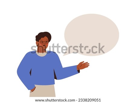 African American man explains something via speech bubble. Business male person has creative solution or idea in his mind. Communication concept. Vector illustration